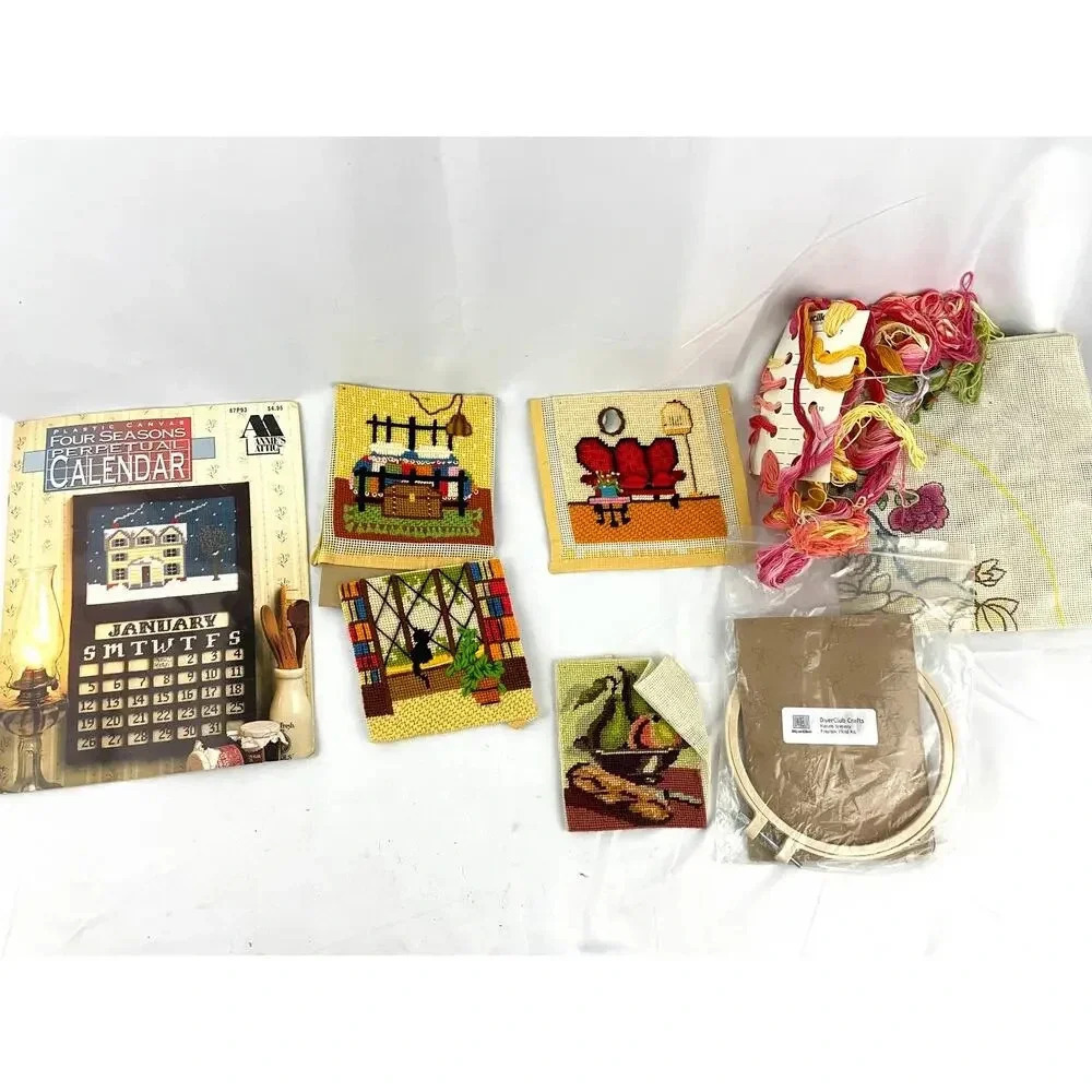 7 PC VTG Paper‎ Calendar & 4 Sunset Designs Needlepoint Yarn Art Embroidered